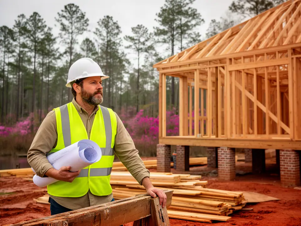 Builder with rolled plans beside a new raised timber frame among longleaf pines and azaleas