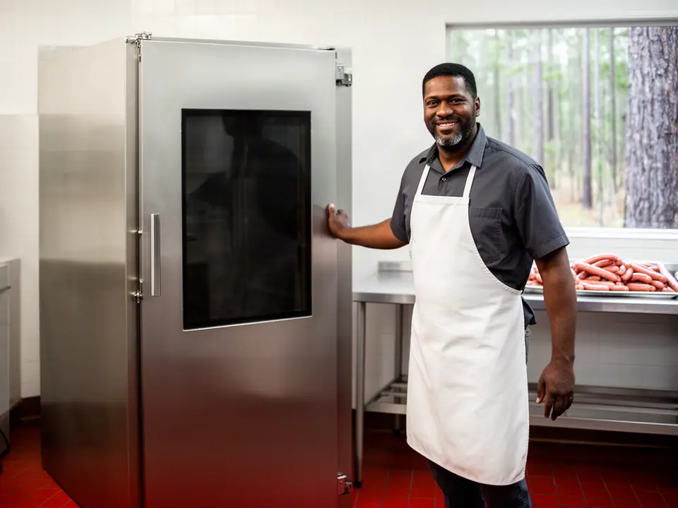 Butcher smiling beside his new stainless smokehouse cabinet, fresh sausages on a rack
