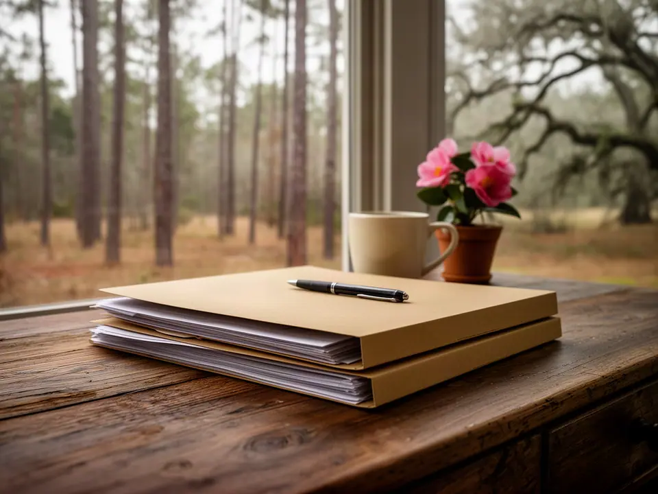 Manila folders, a pen and camellias in a pot by a window onto pines and live oaks