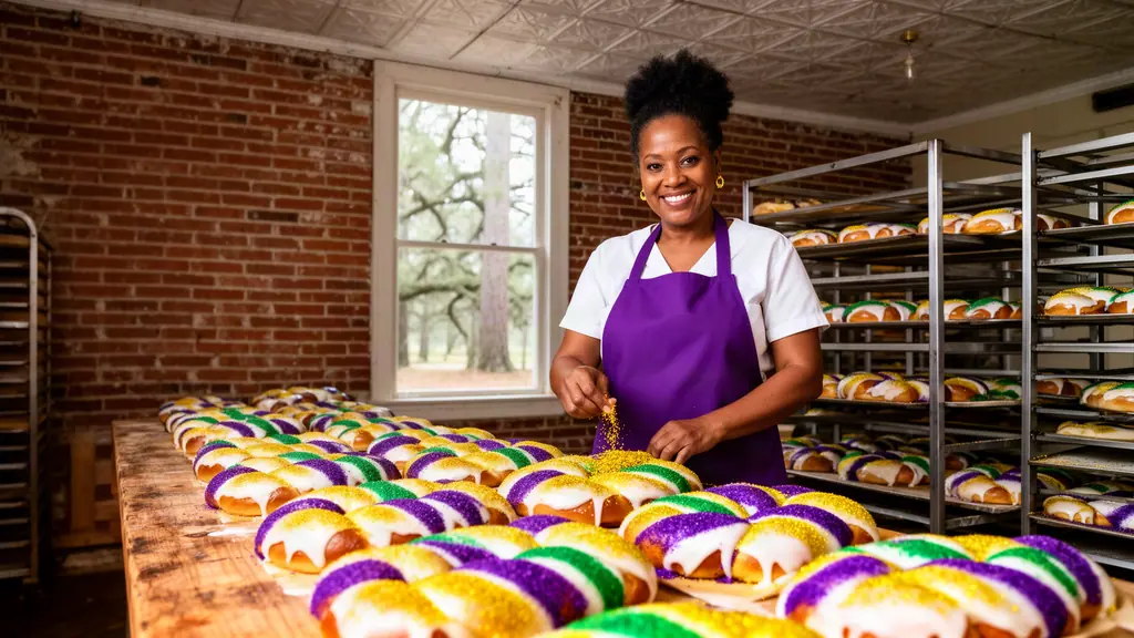 Baker sprinkling purple, green and gold sugar over a long table of braided king cakes