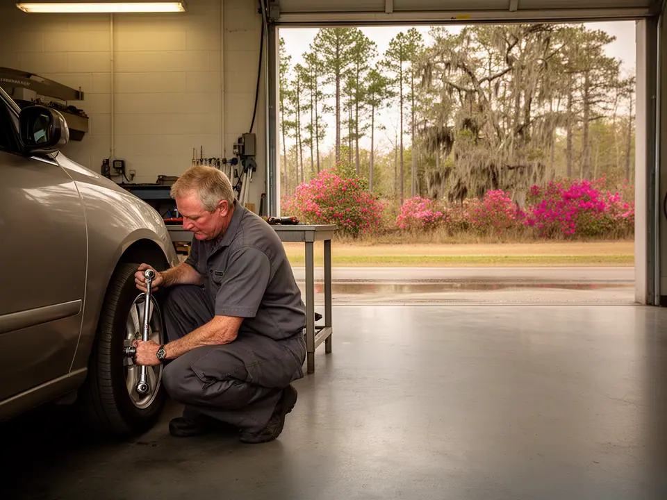 Mechanic tightening a wheel nut beside a car, azaleas and live oaks through the bay door