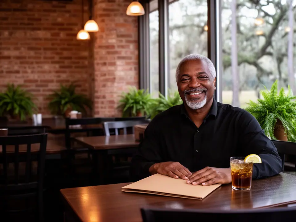 Restaurant owner seated with a folder and iced tea in a brick dining room with ferns