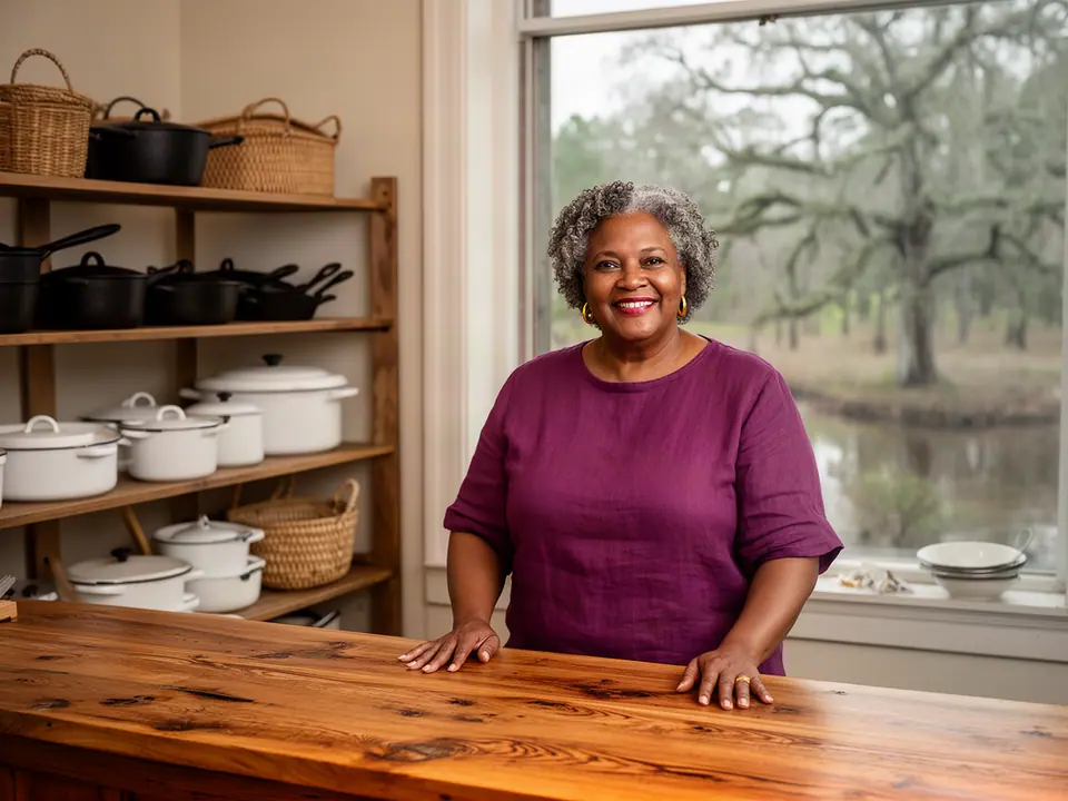 Kitchenware shop owner at her counter beside shelves of cast iron and enamel pots