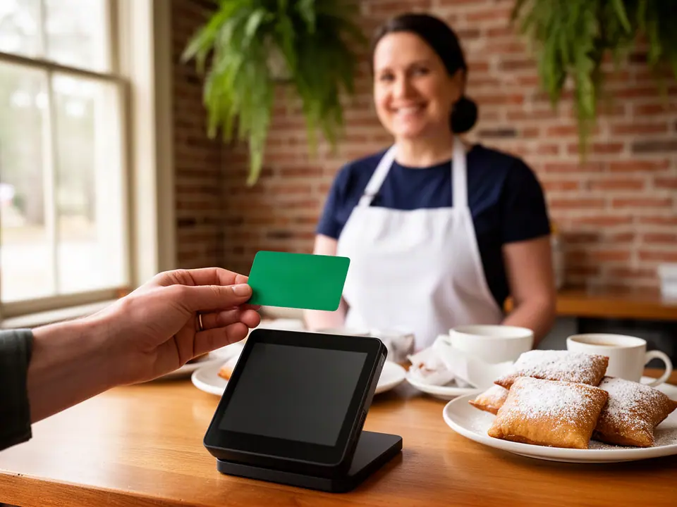 Customer tapping a green card on a countertop terminal at a beignet cafe